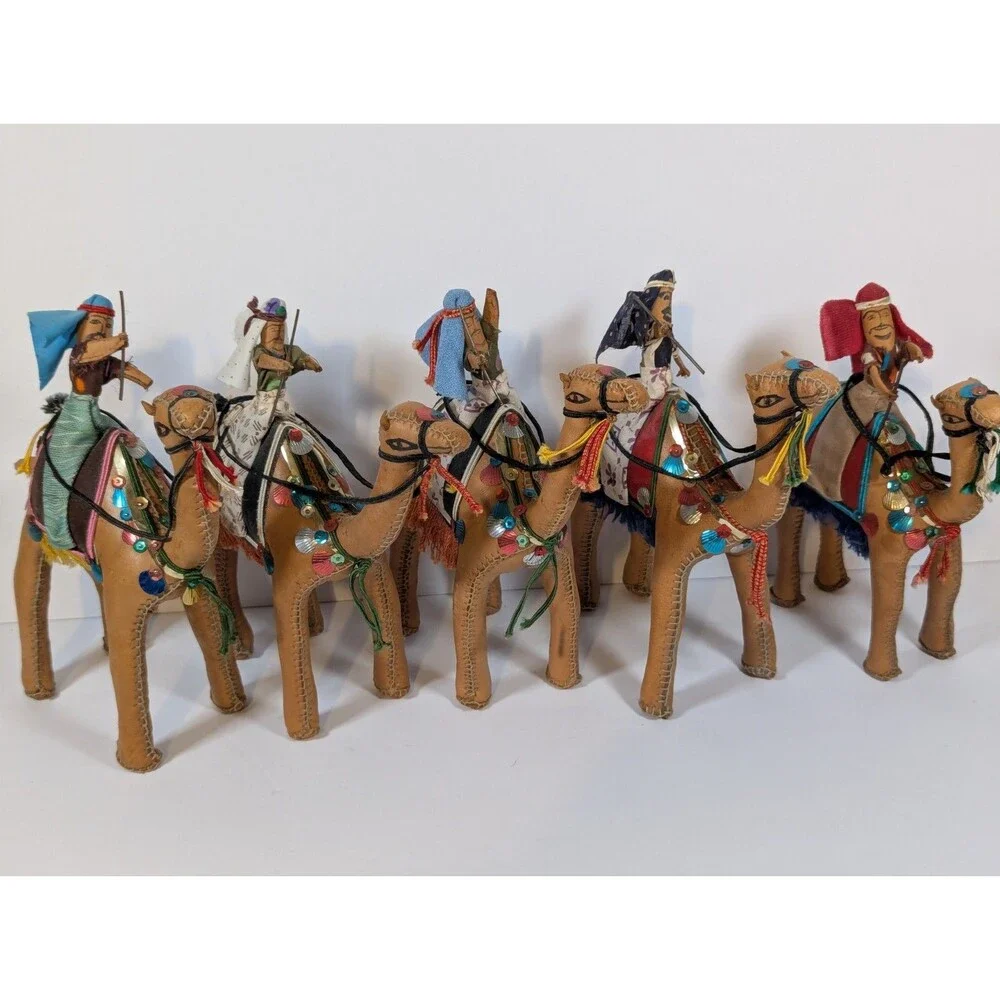 Vintage Wisemen Set 5 Genuine Leather Dromedary Camel Arabian Dolls